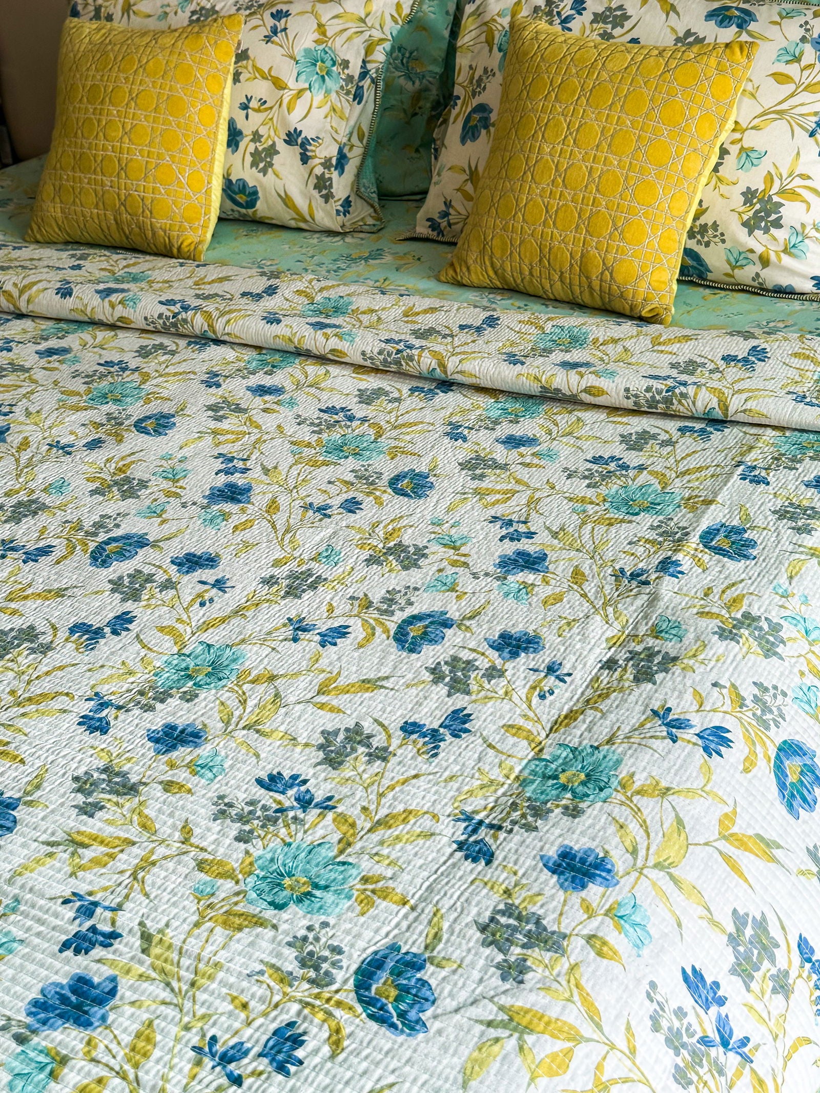 Aqua floral Quilted Bedcover,