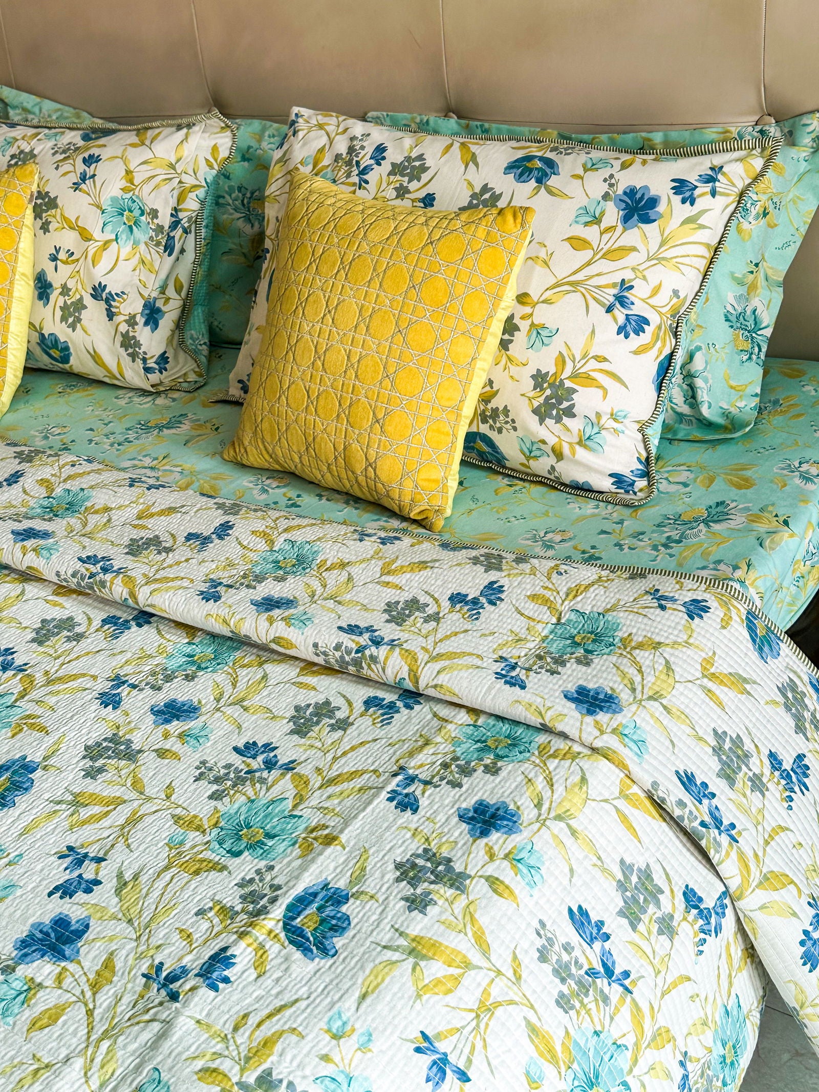 Aqua floral Quilted Bedcover,