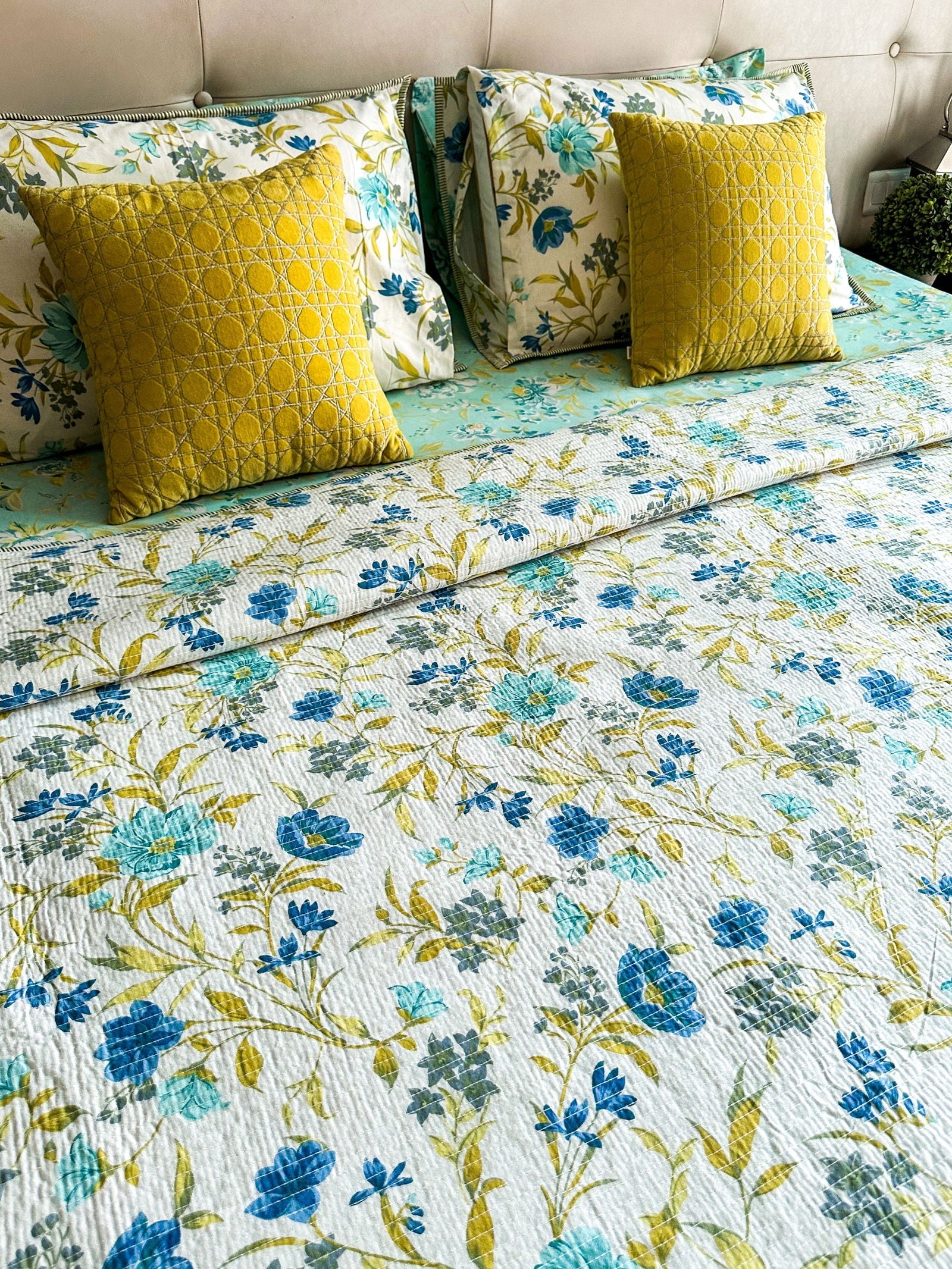 Aqua floral Quilted Bedcover,