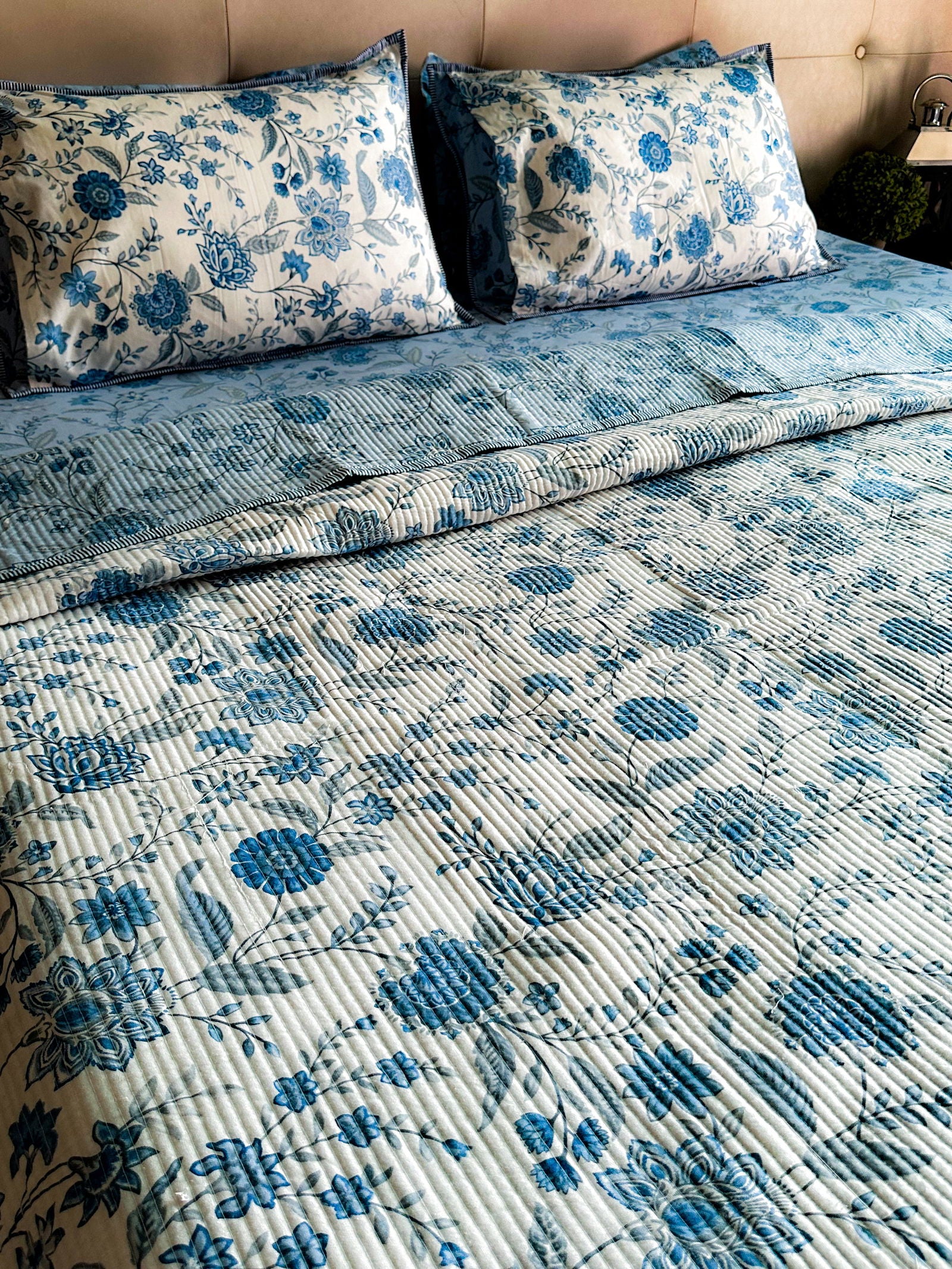 Blue floral Quilted Bedcover - Cool Threadz