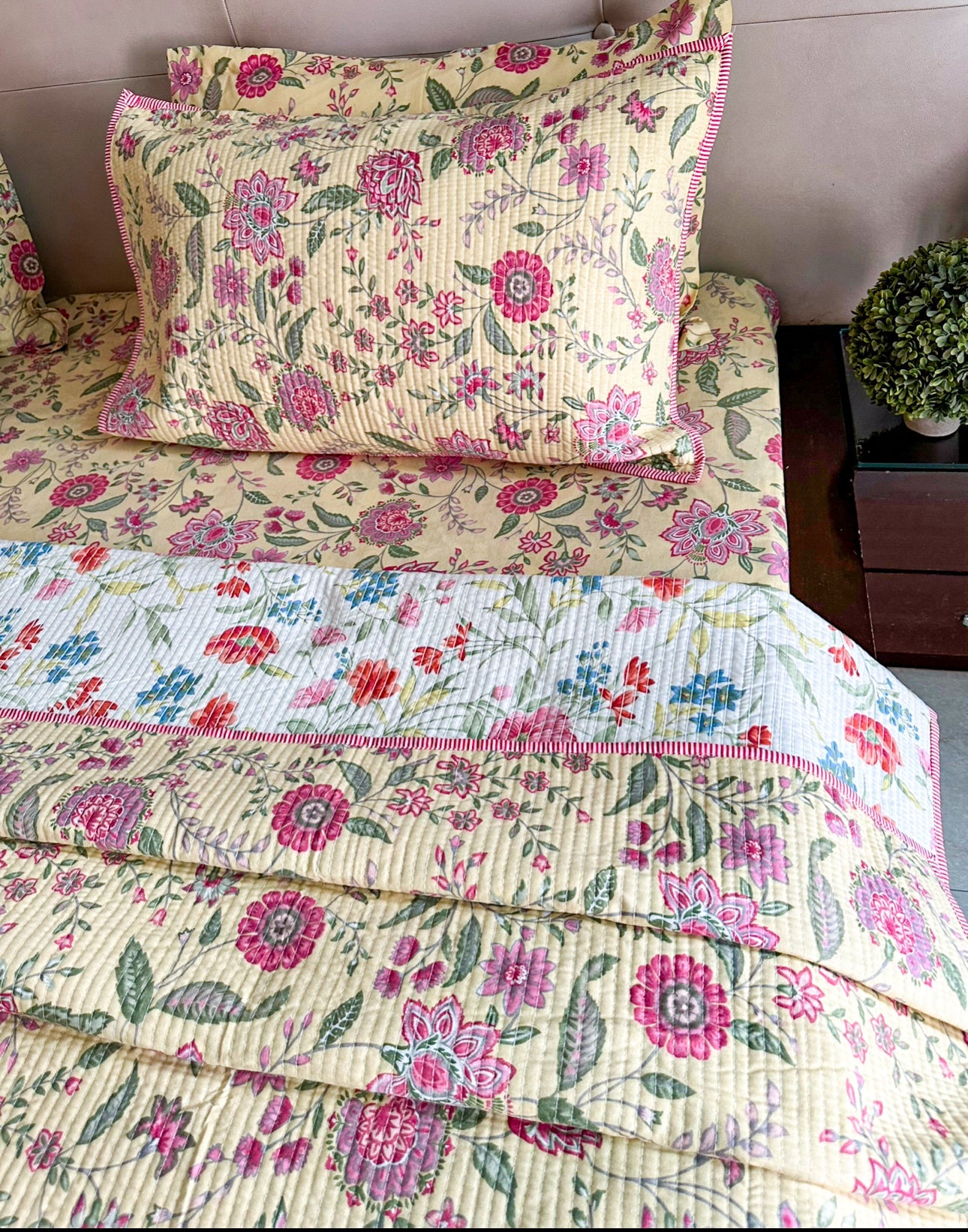 Yellow floral Quilted Bedcover