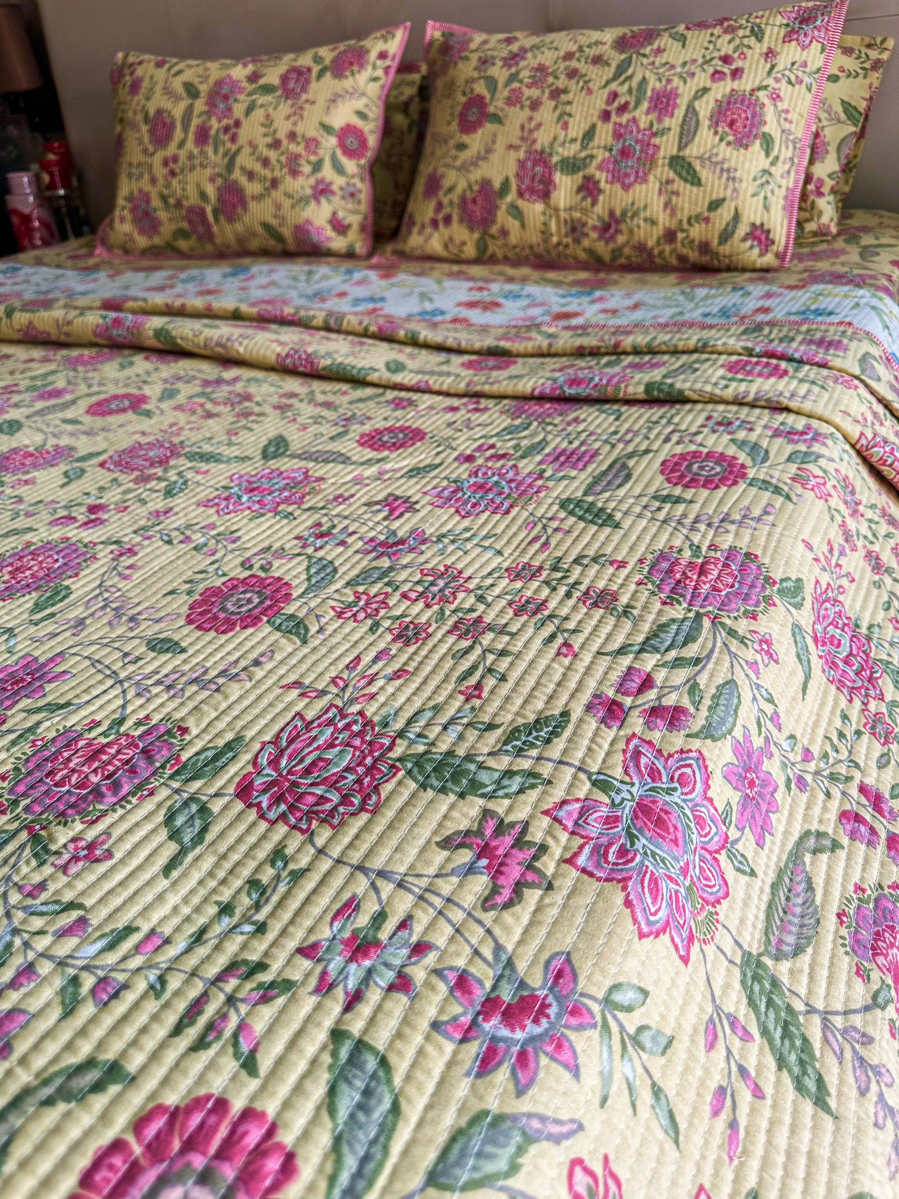 Yellow floral Quilted Bedcover