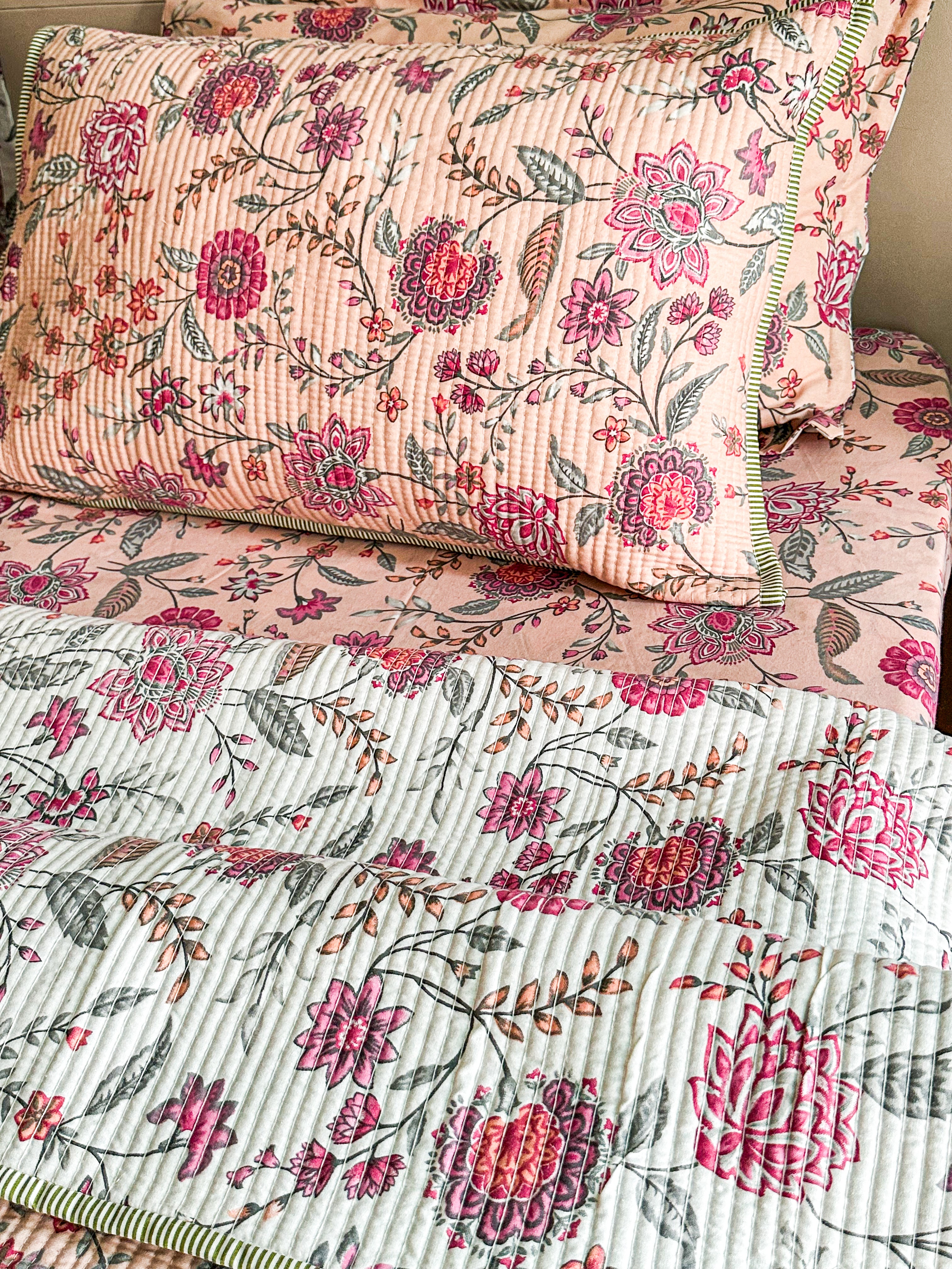 Peach floral Quilted Bedcover