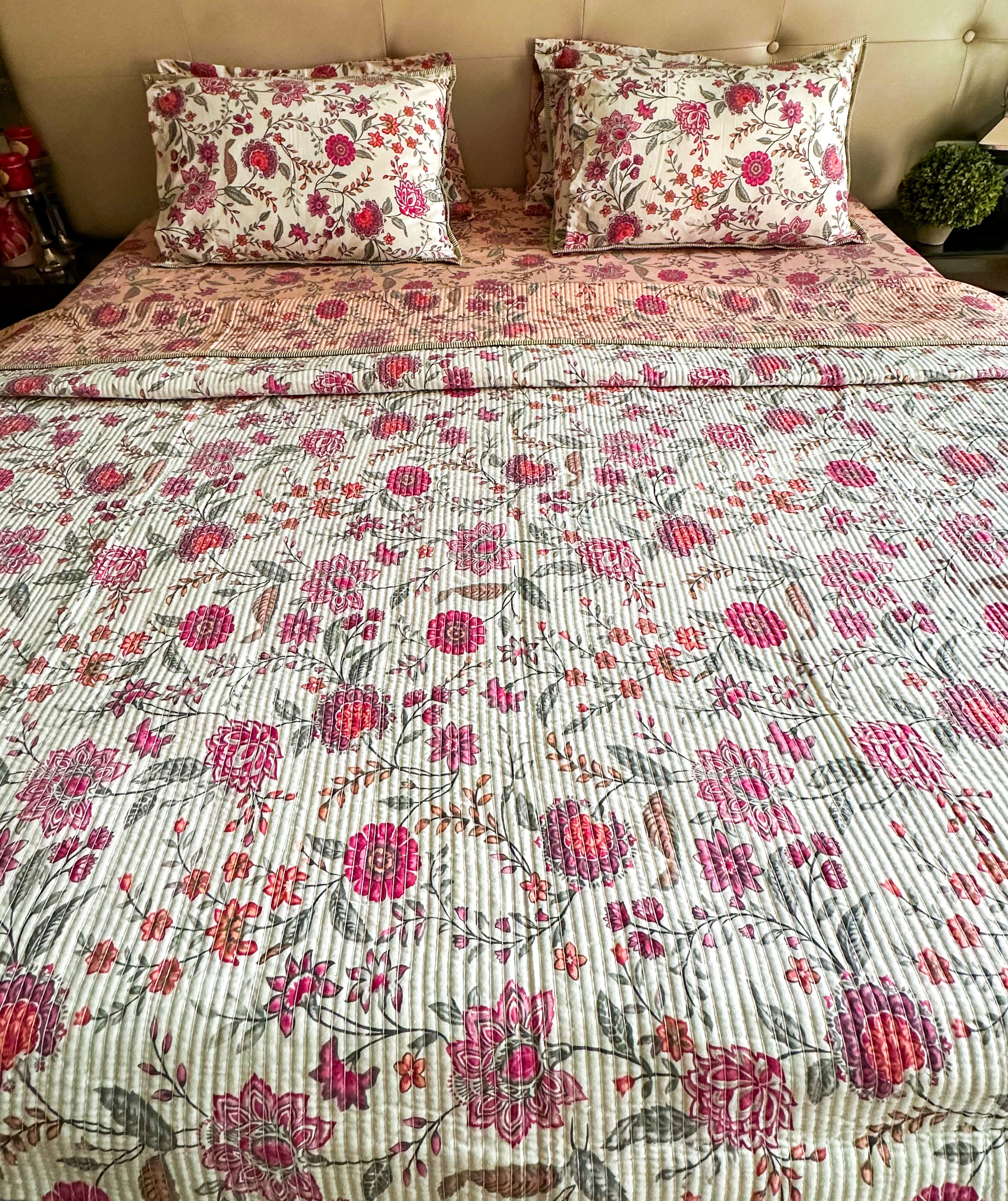 Peach floral Quilted Bedcover