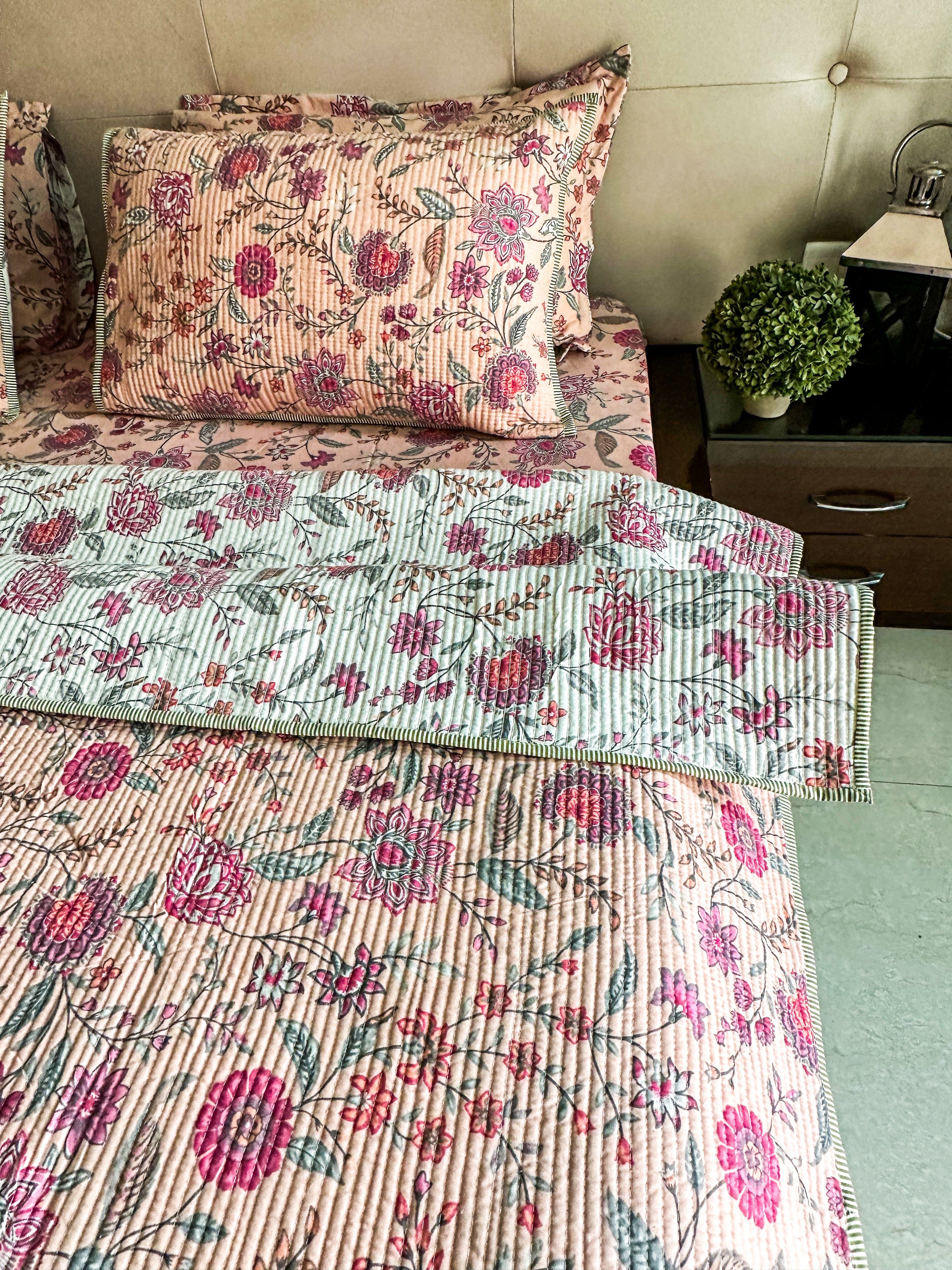 Peach floral Quilted Bedcover